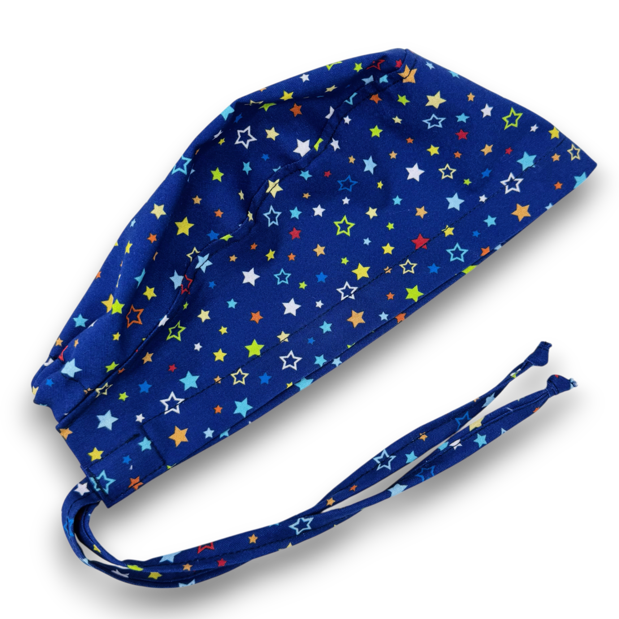 Star Men's surgical cap. Blue satin lined skull tie-back style scrub cap by Paradise Caps.