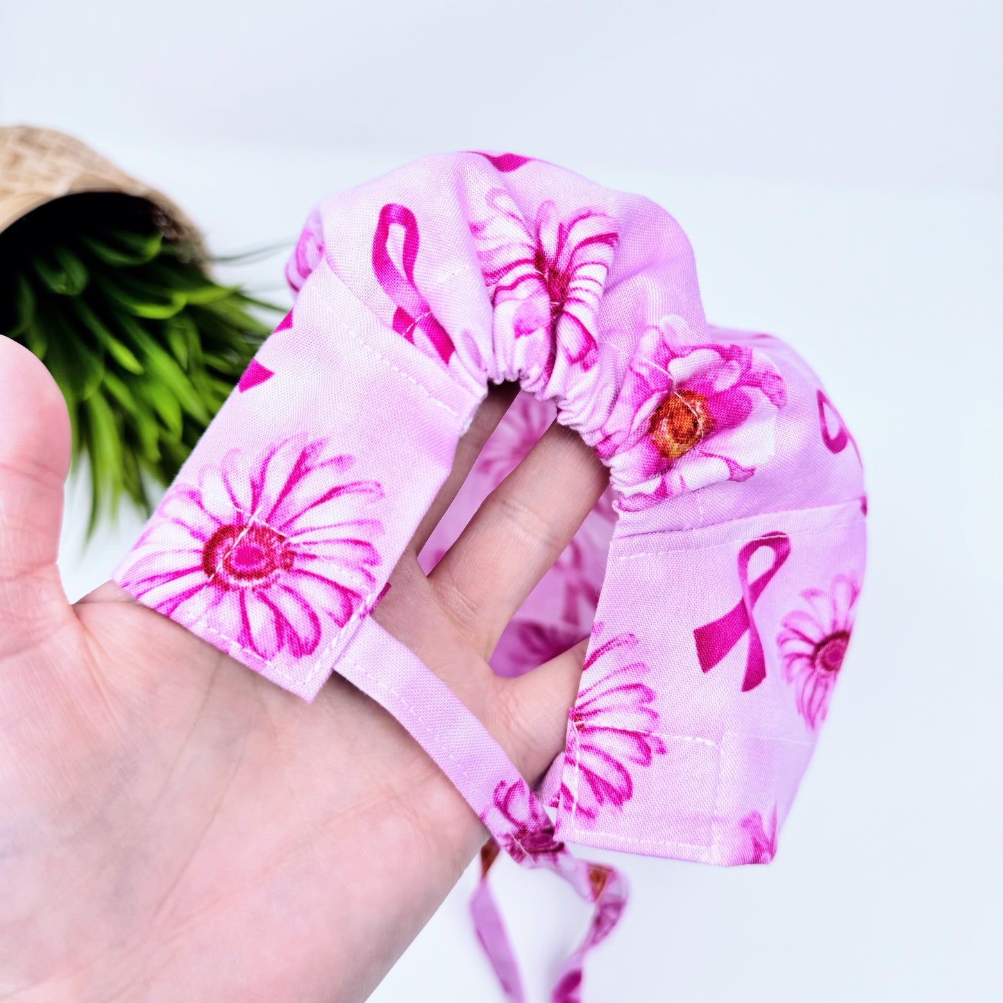 Pink Flower Ribbon regular surgical cap. Scrub caps for women and men.