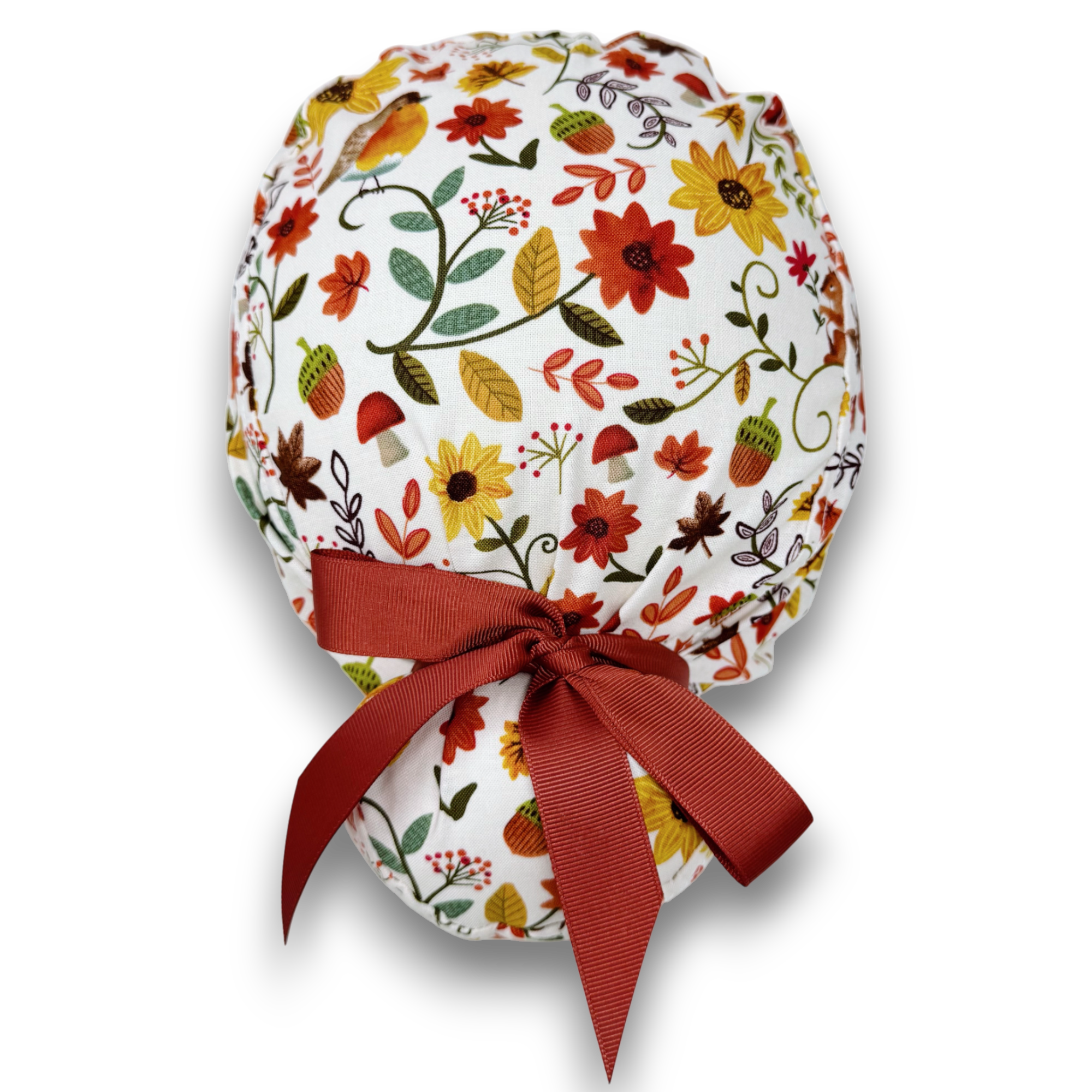 Fall flower Euro scrub cap with ties for Women, European Surgical cap with Satin Lined Option by Paradise Caps. Euro PLUS style.