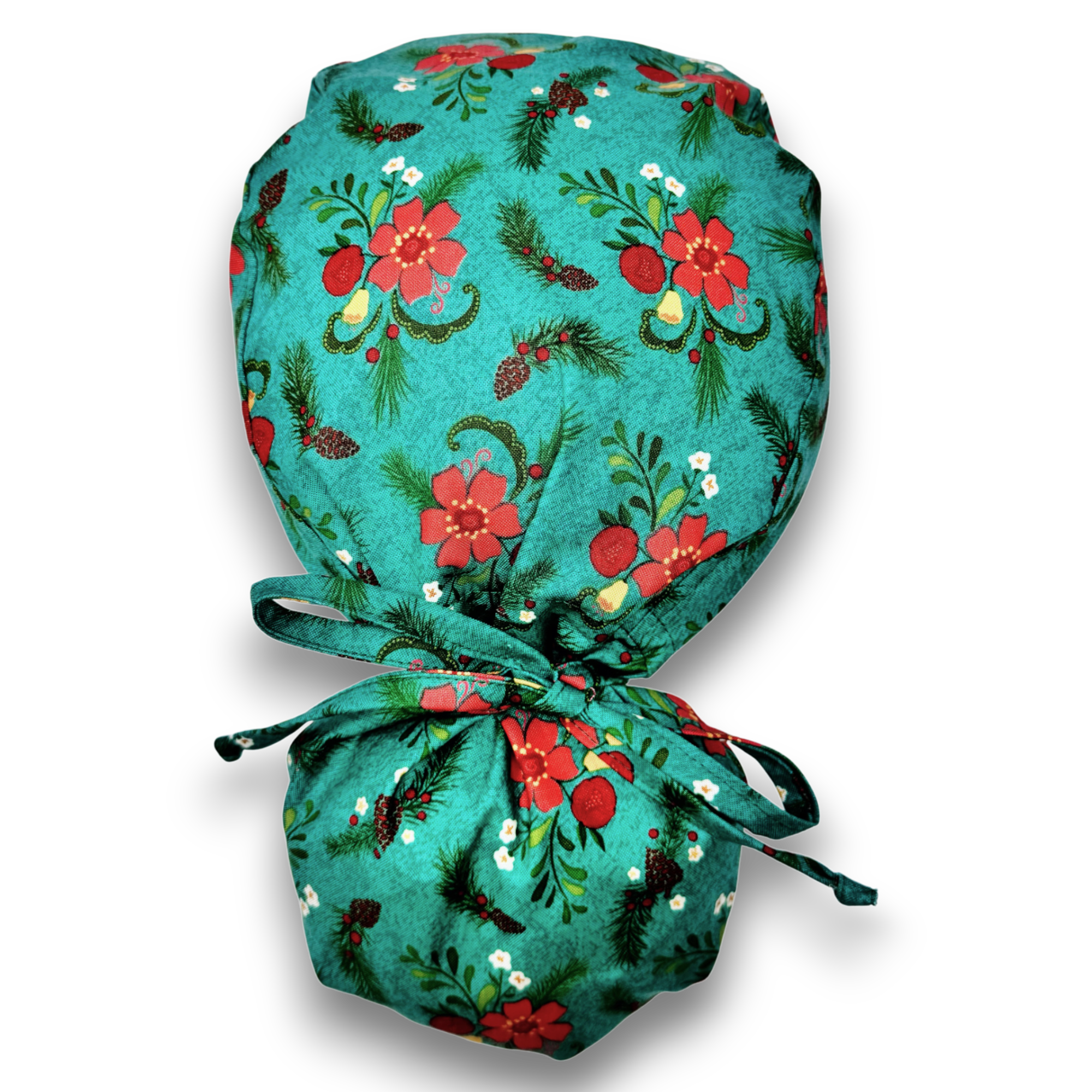 Christmas Ponytail scrub cap for women with satin lined option by Paradise Caps.