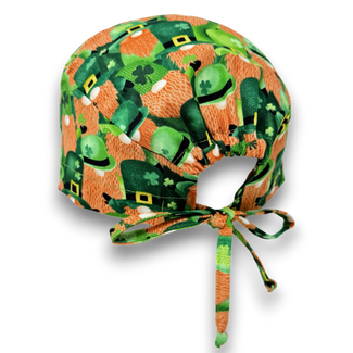 St. Patrick’s Day Skull tie-back style surgical scrub cap for men by Paradise Caps.