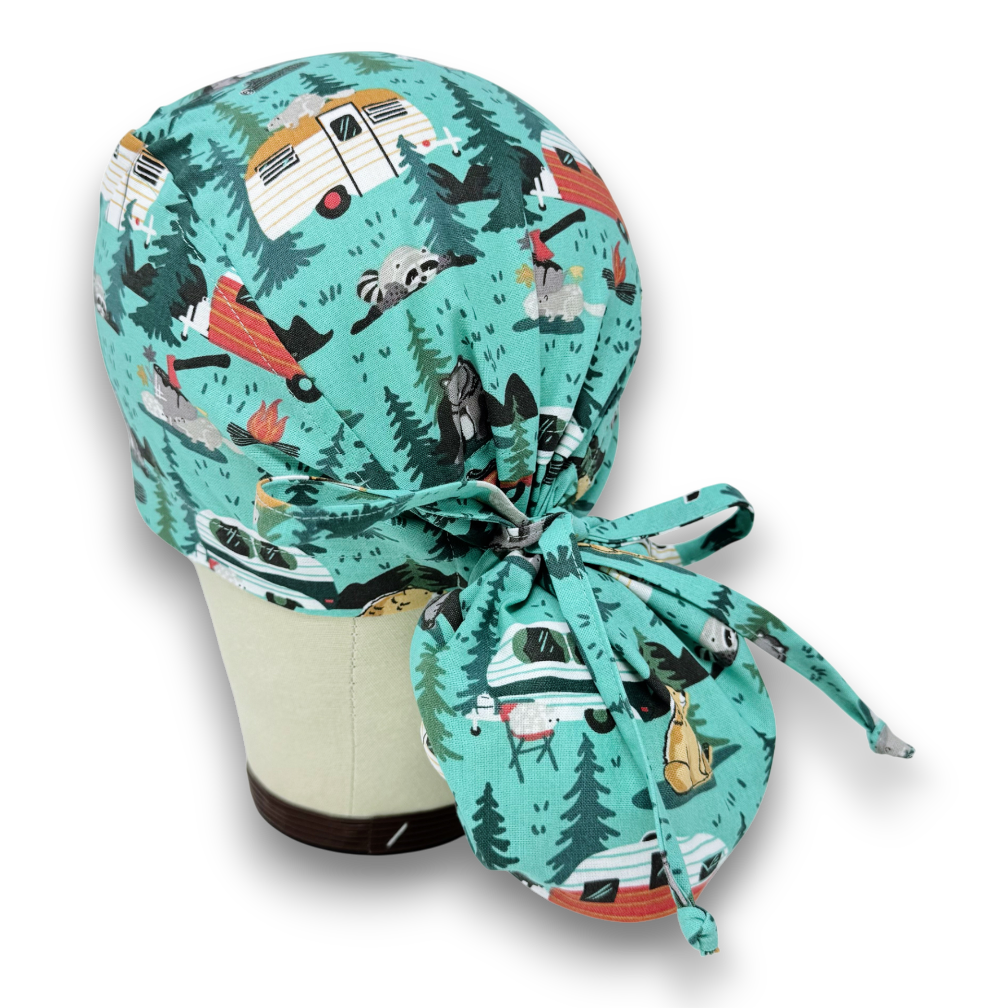 Forest Camping Ponytail scrub cap for women with satin lined option by Paradise Caps.