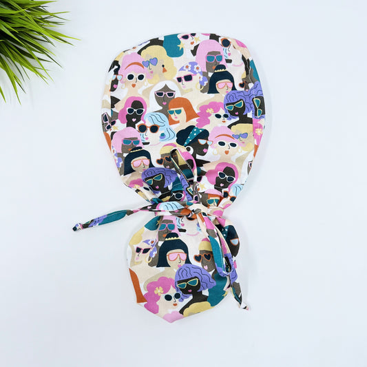 Women Faces with Sunglasses Ponytail scrub cap, Surgical cap women. Satin Lined Option Surgical cap with ponytail.