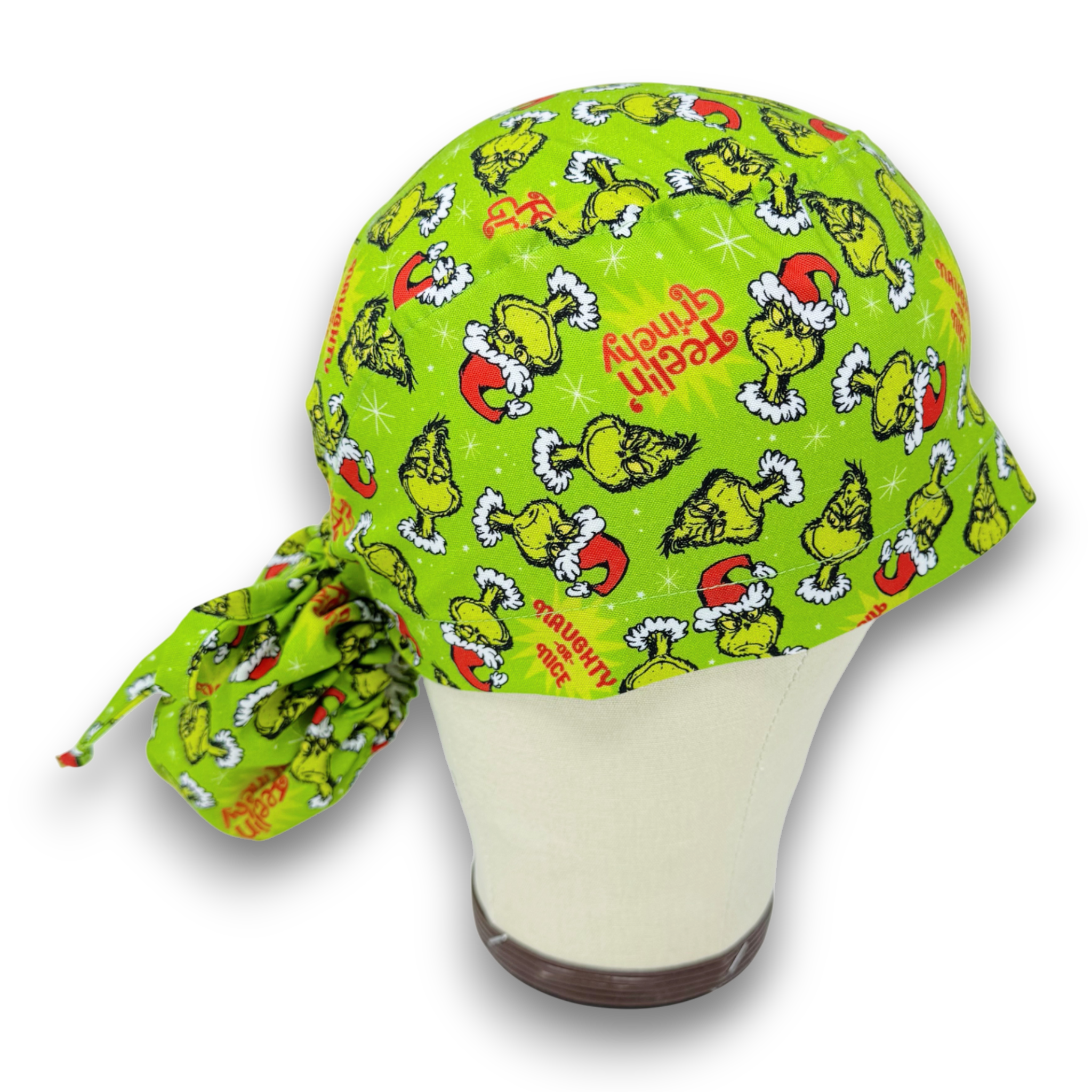 Christmas Ponytail scrub cap with Satin Lined. Green surgical scrub hats for women by Paradise Caps.