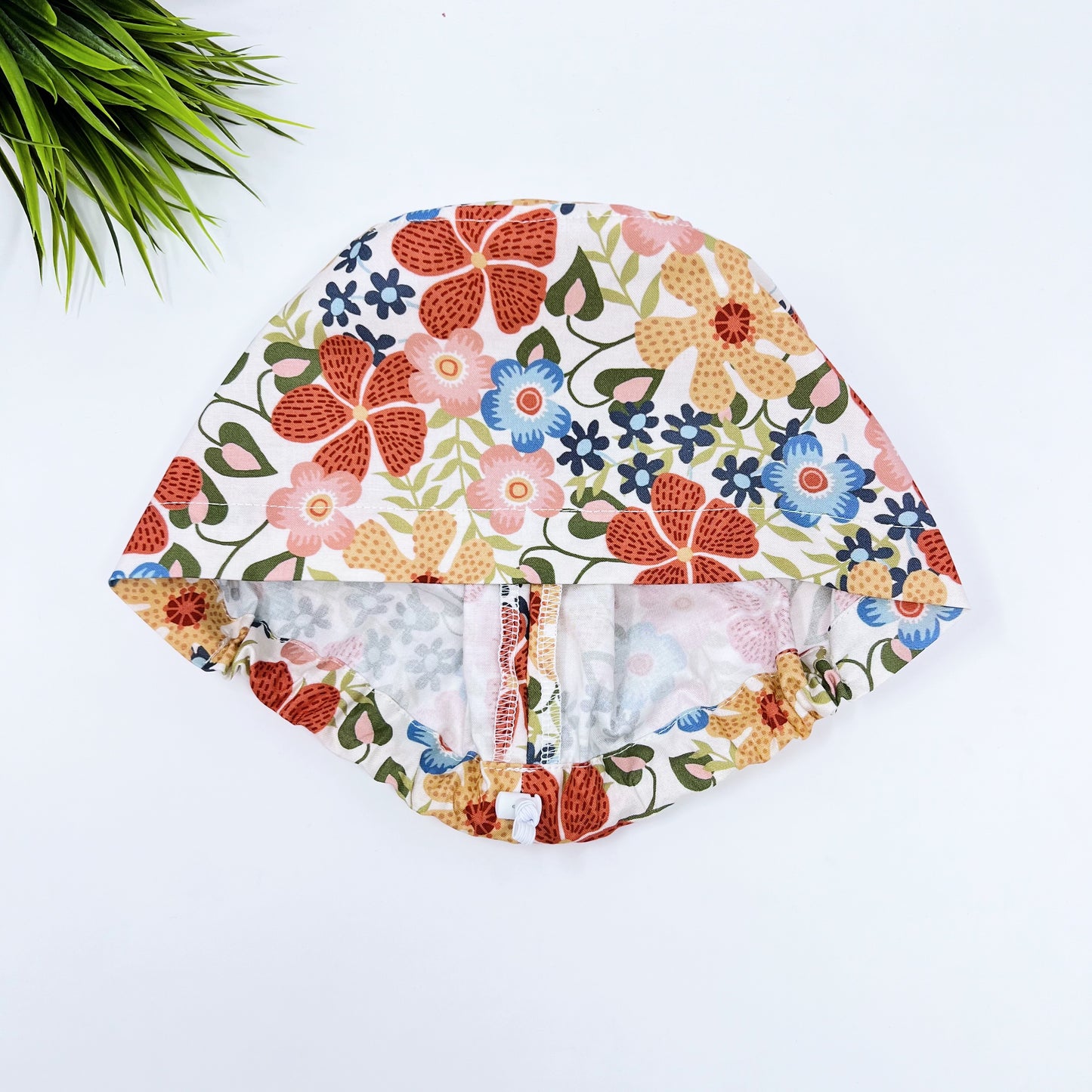 Embroidered flowerbed Euro Scrub Cap for Women, Surgical cap Satin Lined Option