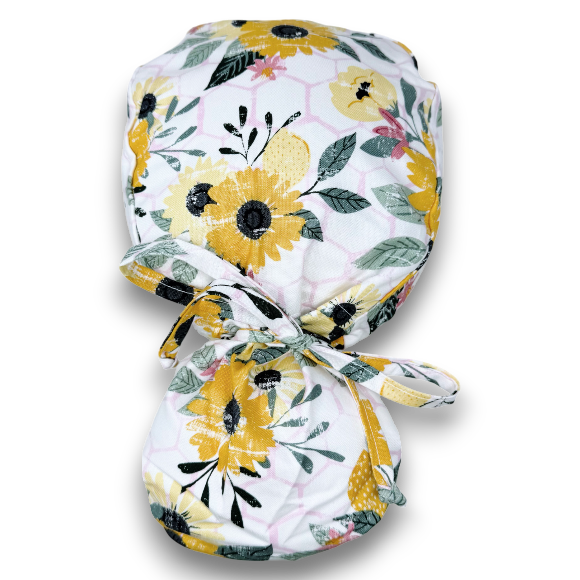Sunflower Ponytail scrub cap for women with satin lined option by Paradise Caps.
