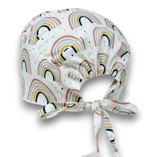 Cute Rainbow Skull tie-back style surgical scrub cap for men by Paradise Caps.