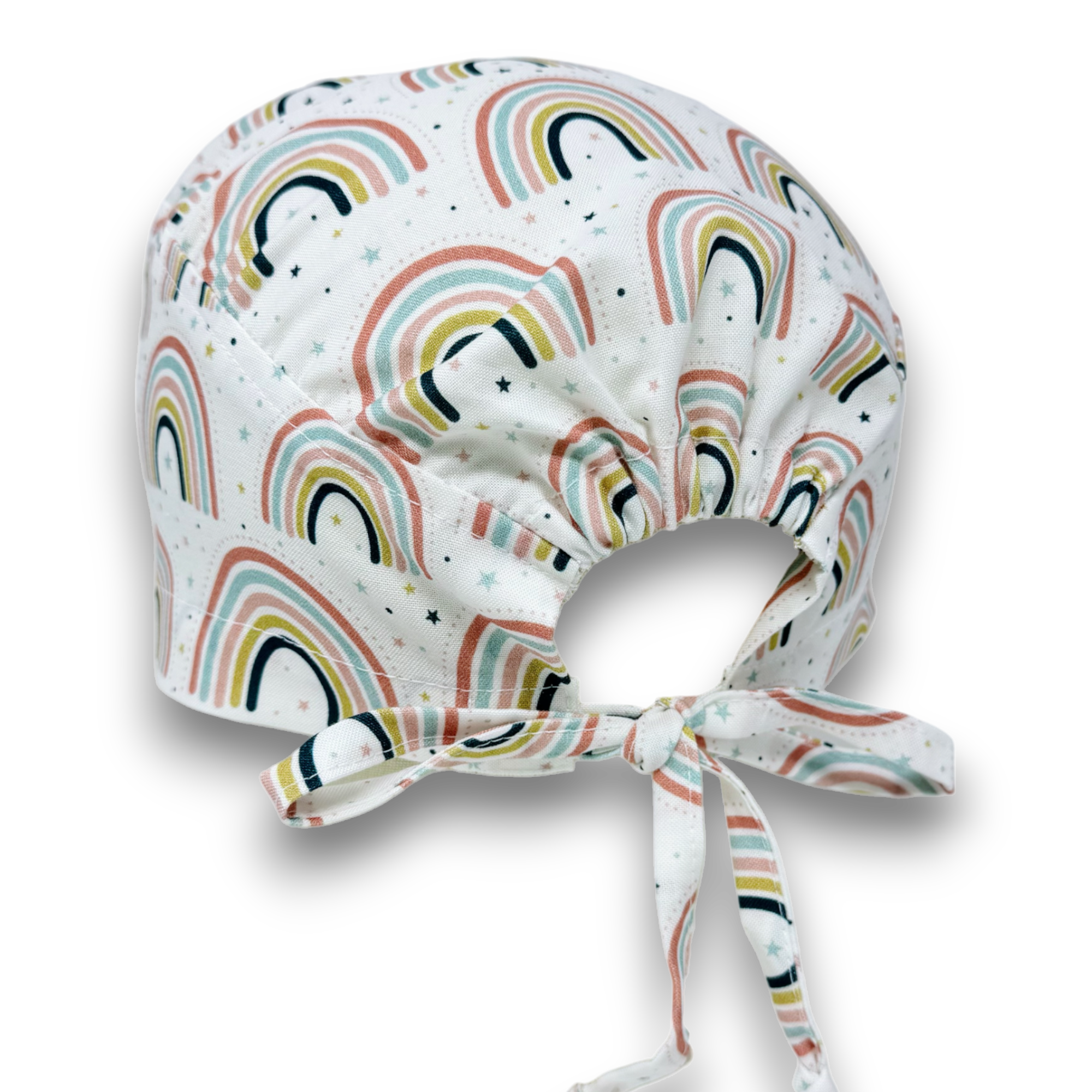 Cute Rainbow Skull tie-back style surgical scrub cap for men by Paradise Caps.