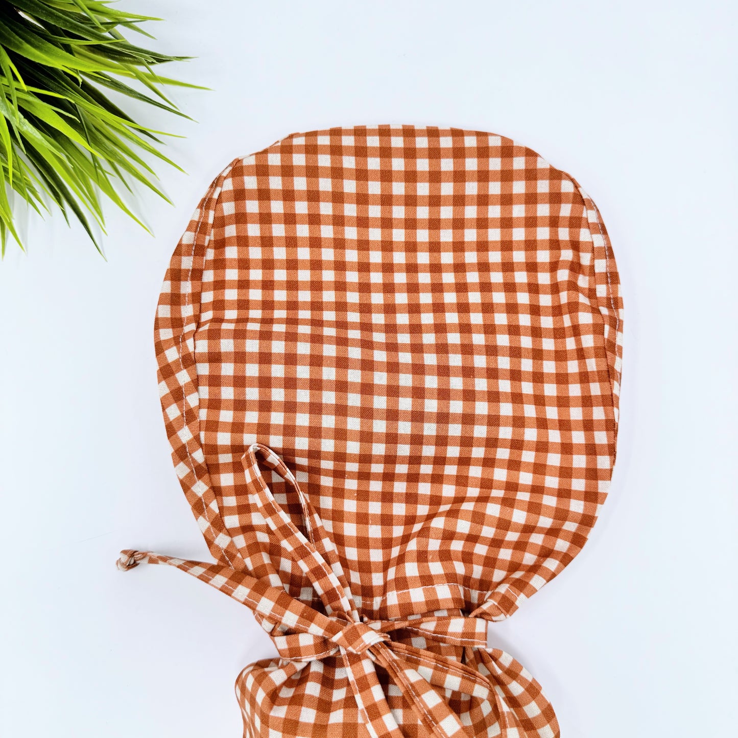 Rustic Check Rust Ponytail scrub cap, Surgical cap women. Satin Lined Option Surgical cap with ponytail.