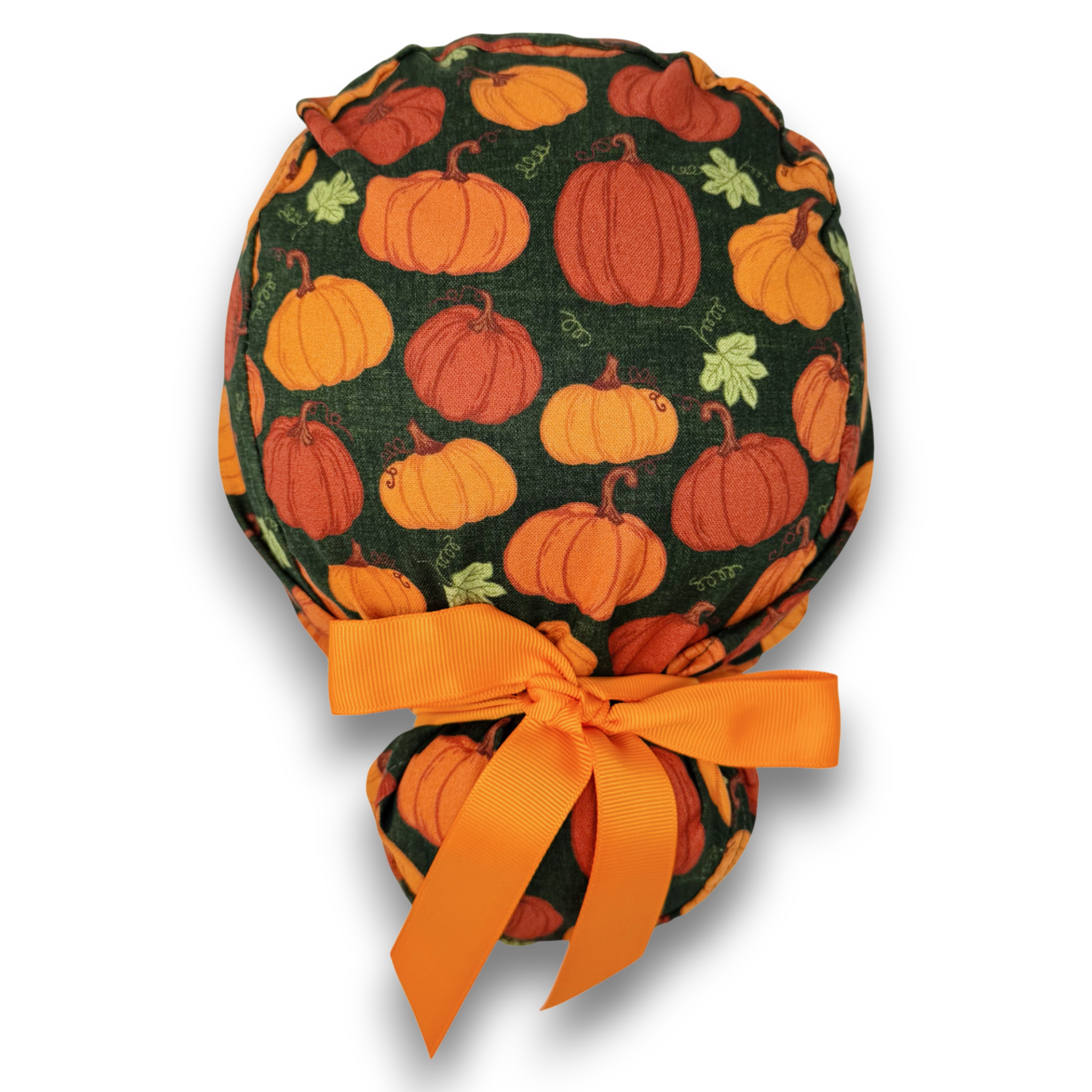 Dark Green Rustic Pumpkins Euro scrub cap with ties for Women by Paradise Caps. Euro PLUS style.