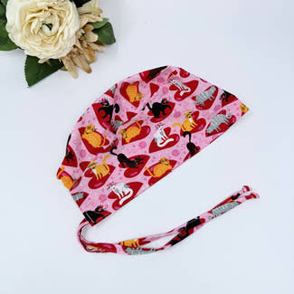 Valentine's day scrub Cap for men. Cat surgical hat. Men's skull tie-back style by Paradise Caps.