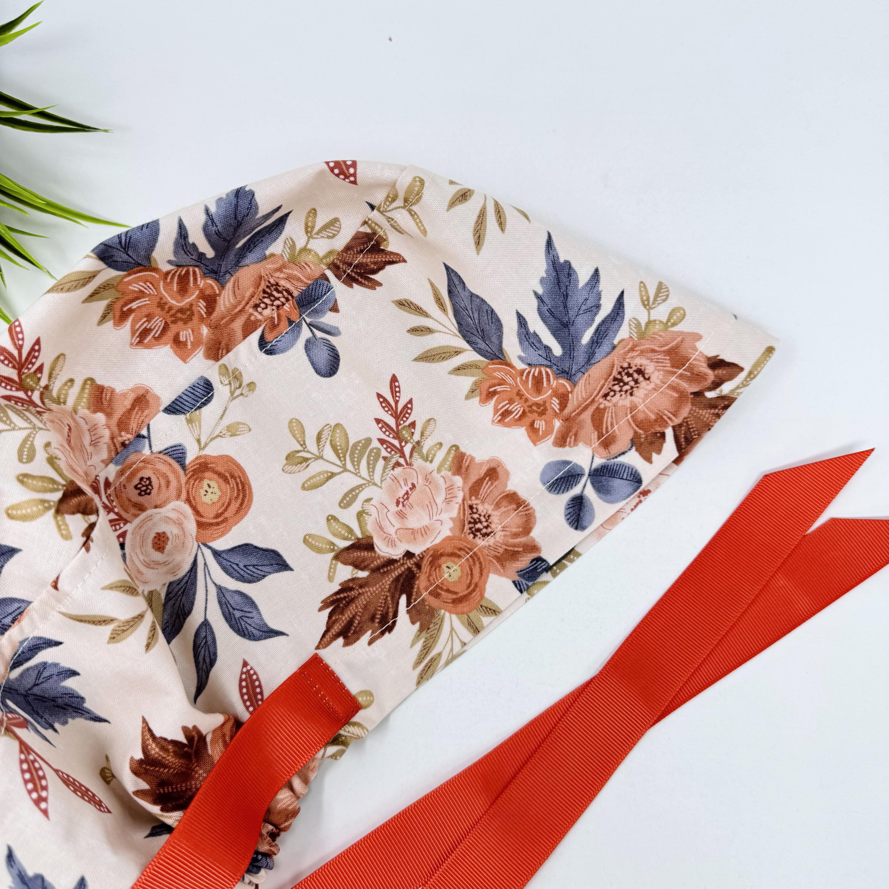 Floral Euro scrub cap with ties for Women. Fall European Surgical cap with Satin Lined Option by Paradise Caps. Euro PLUS style.