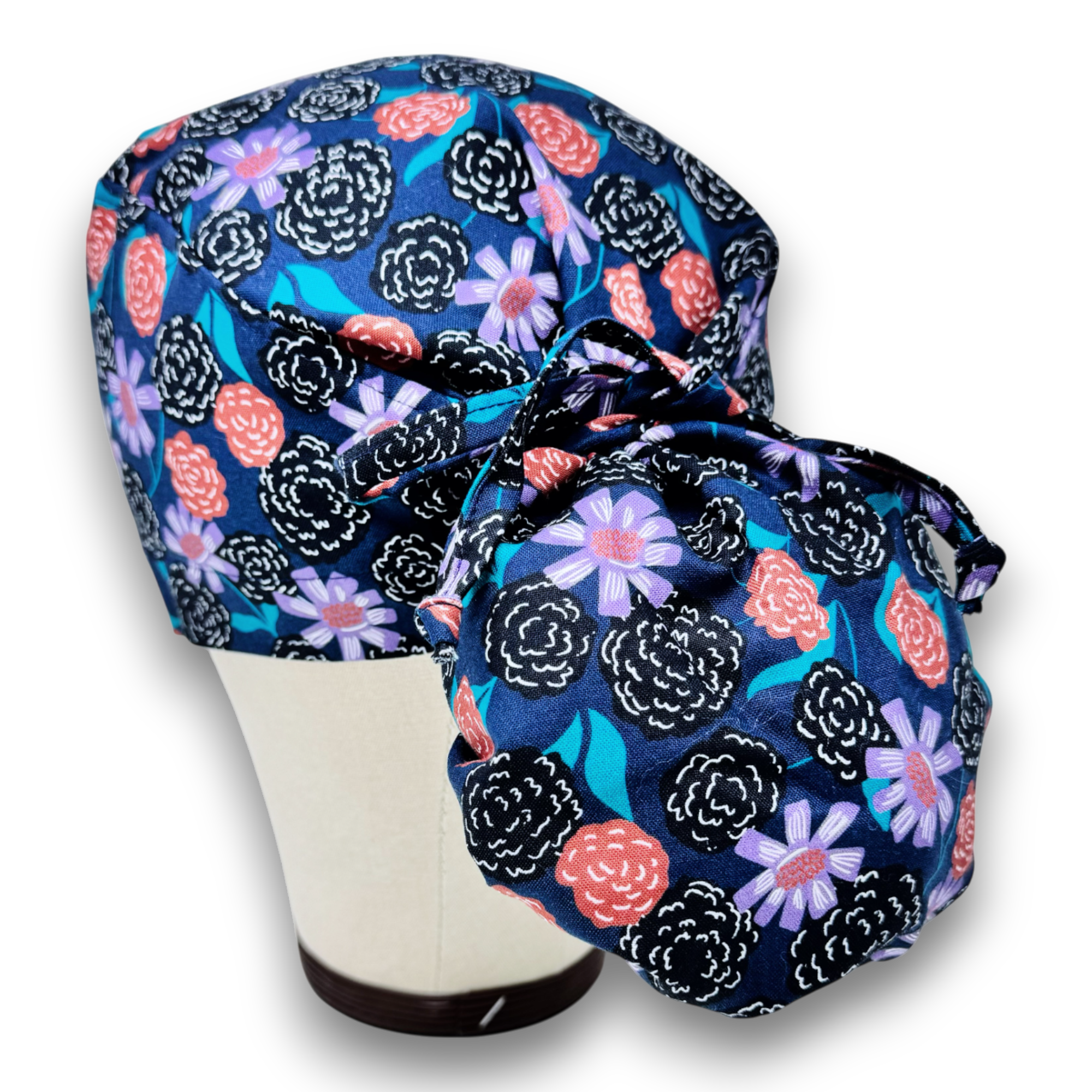 Flower Ponytail scrub cap for women with satin lined option by Paradise Caps.