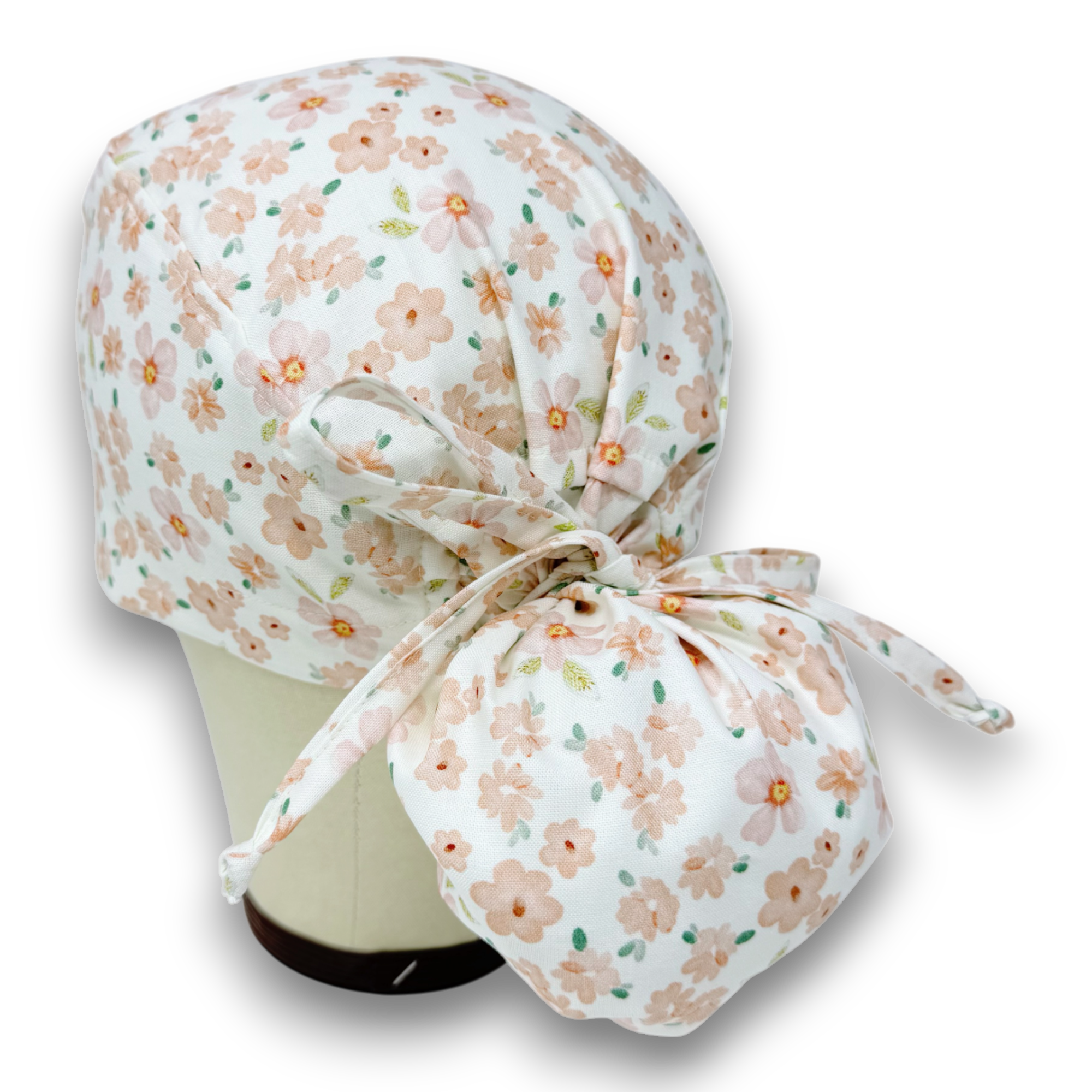 Flower Ponytail scrub cap for women with satin lined option by Paradise Caps.