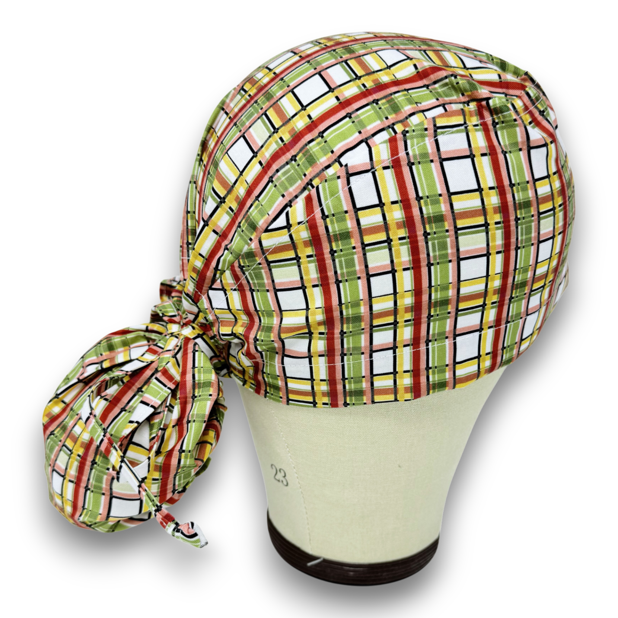 Autumn Plaid Ponytail scrub cap for women with satin lined option by Paradise Caps.