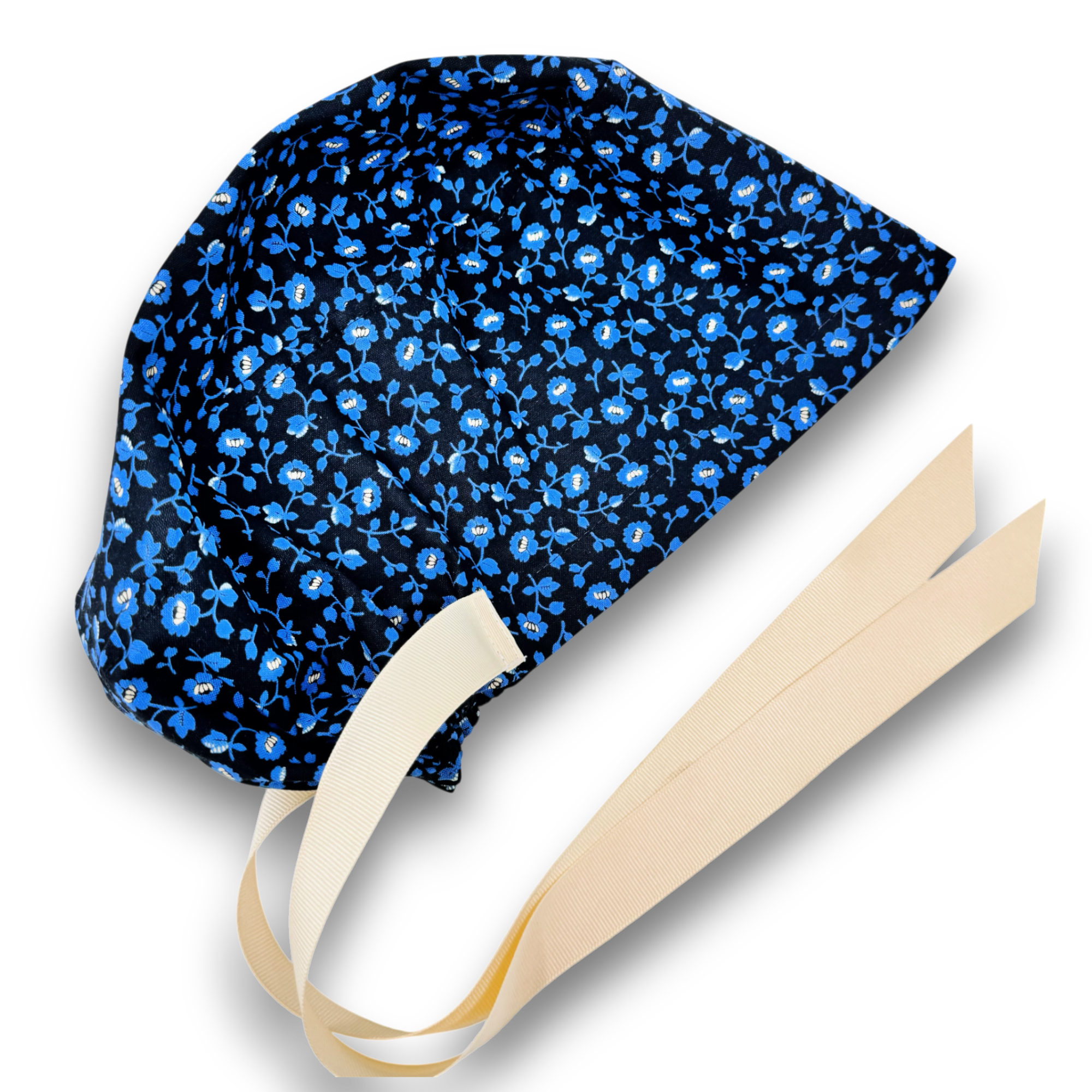 Blue flower Euro scrub cap with ties for Women by Paradise Caps. Euro PLUS style.
