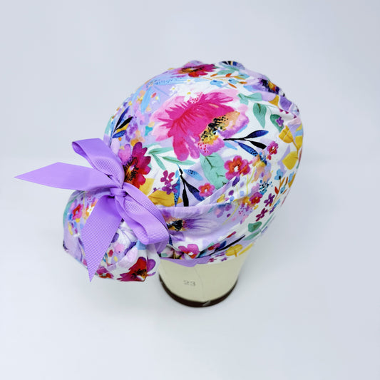 Floral Euro scrub cap with ties for Women, Purple flower European Surgical cap with Satin Lined by Paradise Caps.