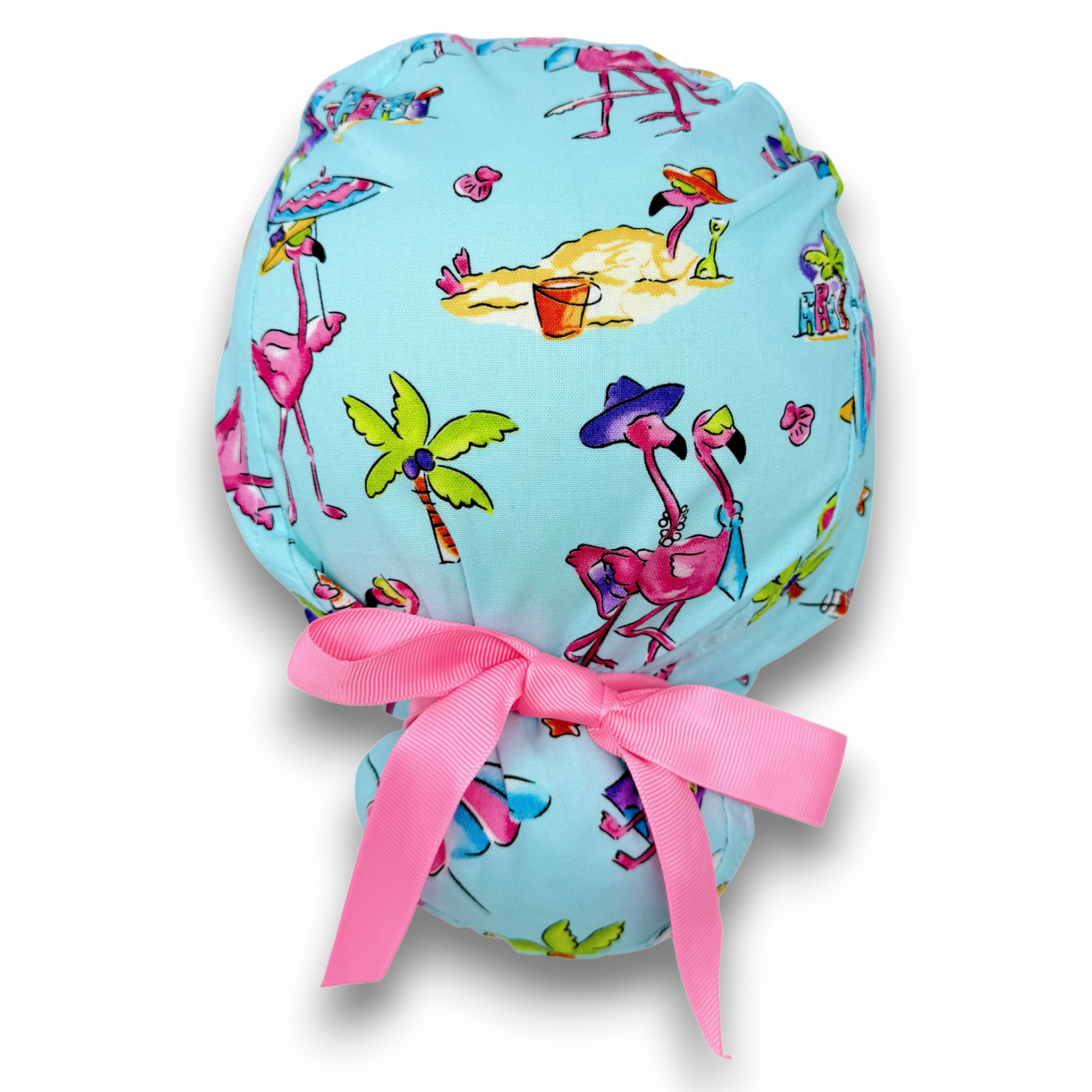 Flamingo Euro scrub cap with ties for Women by Paradise Caps. Euro PLUS style.