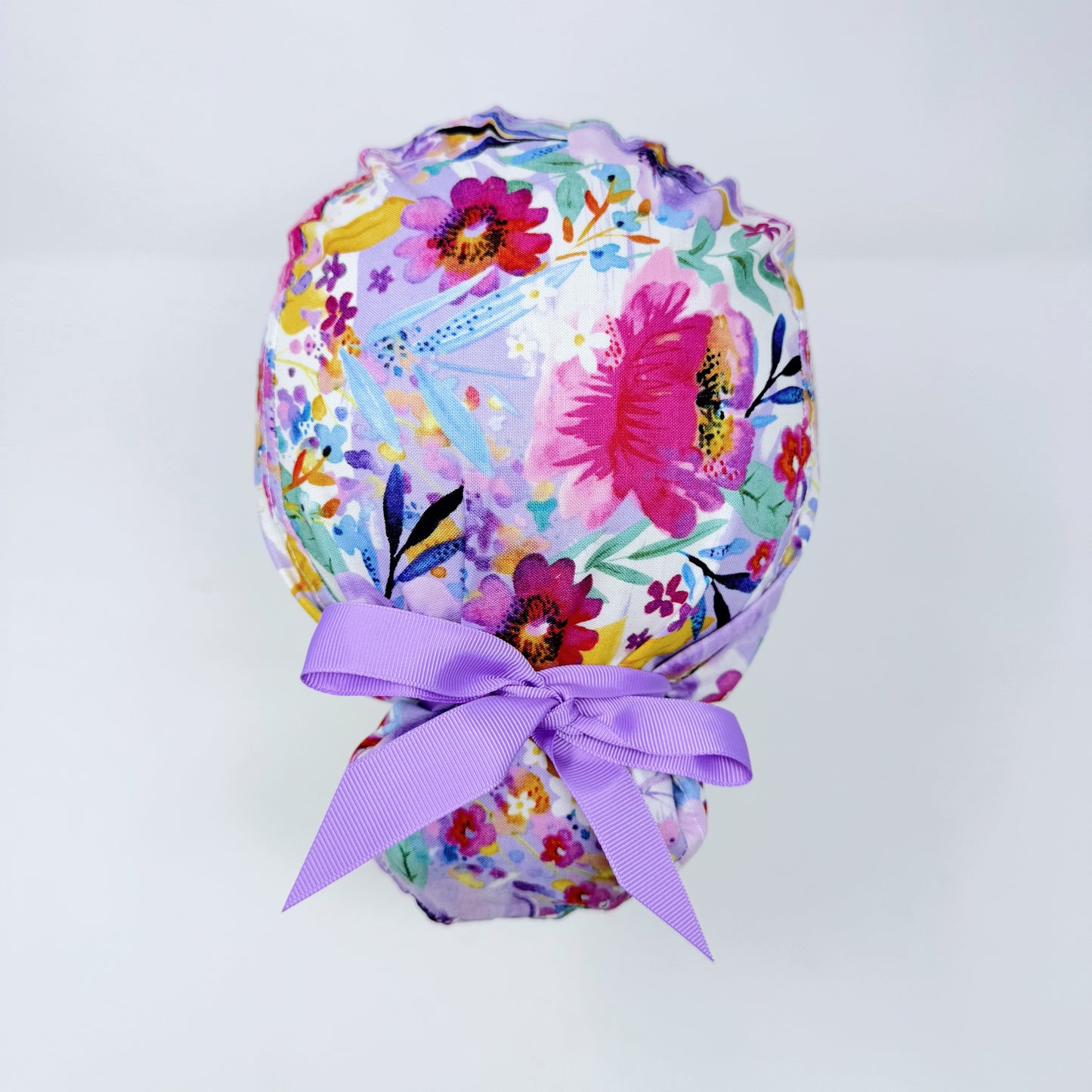 Floral Euro scrub cap with ties for Women, Purple flower European Surgical cap with Satin Lined by Paradise Caps.