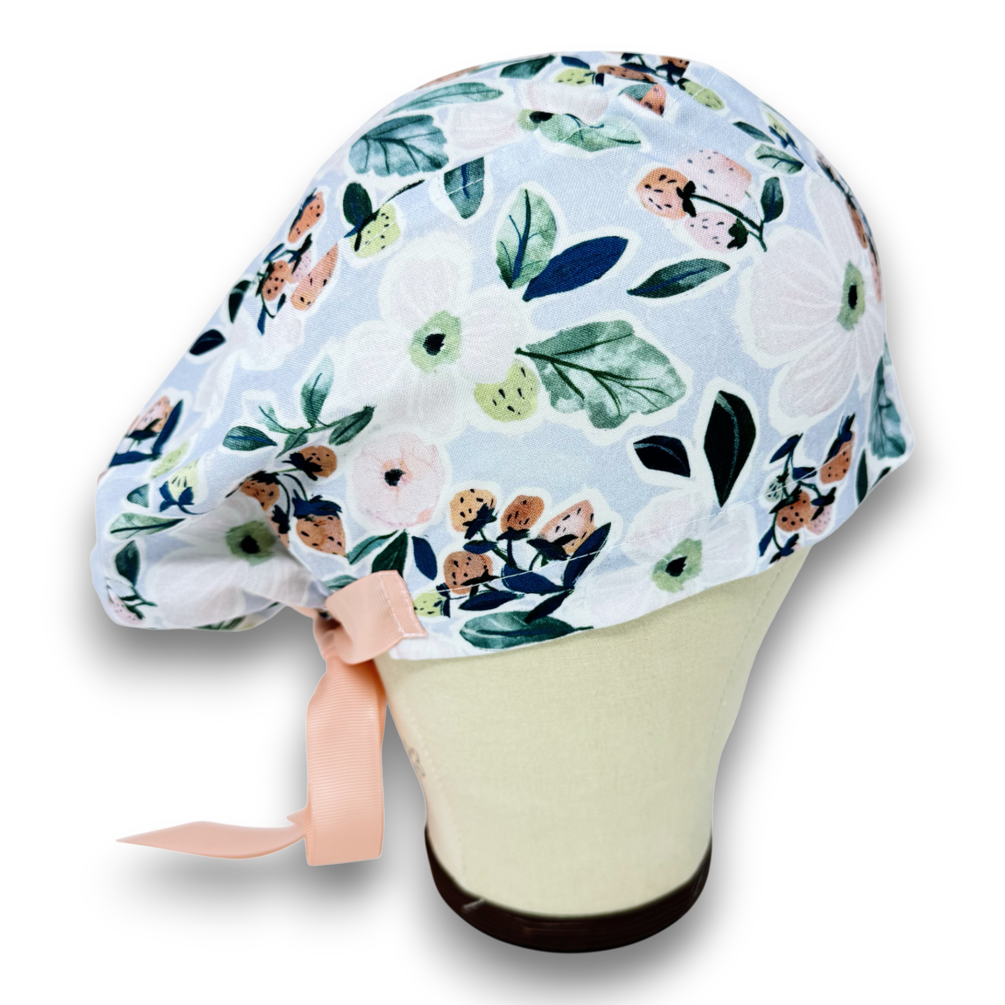 Euro scrub cap with ties for Women, Strawberry Bloom European Surgical cap with Satin Lined by Paradise Caps. Euro PLUS style.