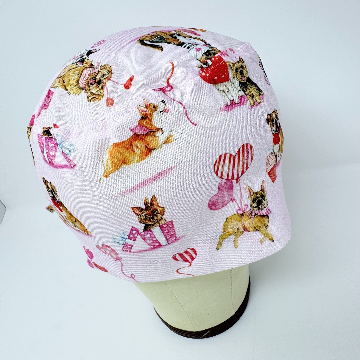 Valentine's day scrub Cap for men. Dog surgical hat. Men's skull tie-back style by Paradise Caps.