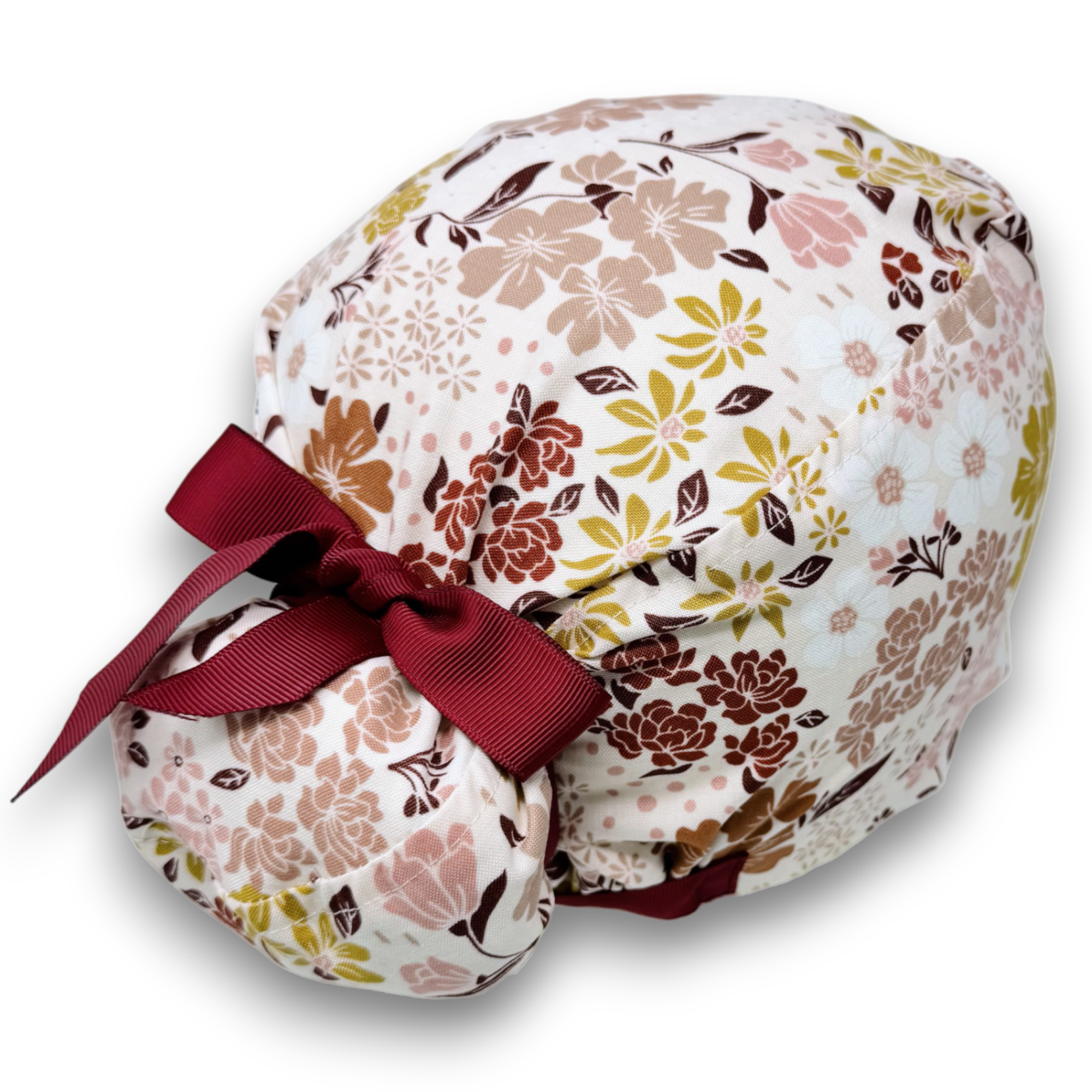 Floral Euro scrub cap with ties for Women by Paradise Caps. Euro PLUS style.
