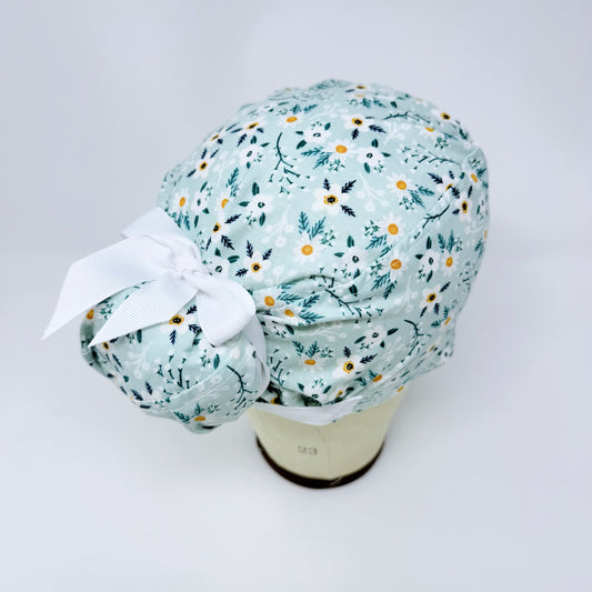 Floral Euro scrub cap with ties for Women, Chamomile European Surgical cap with Satin Lined by Paradise Caps.