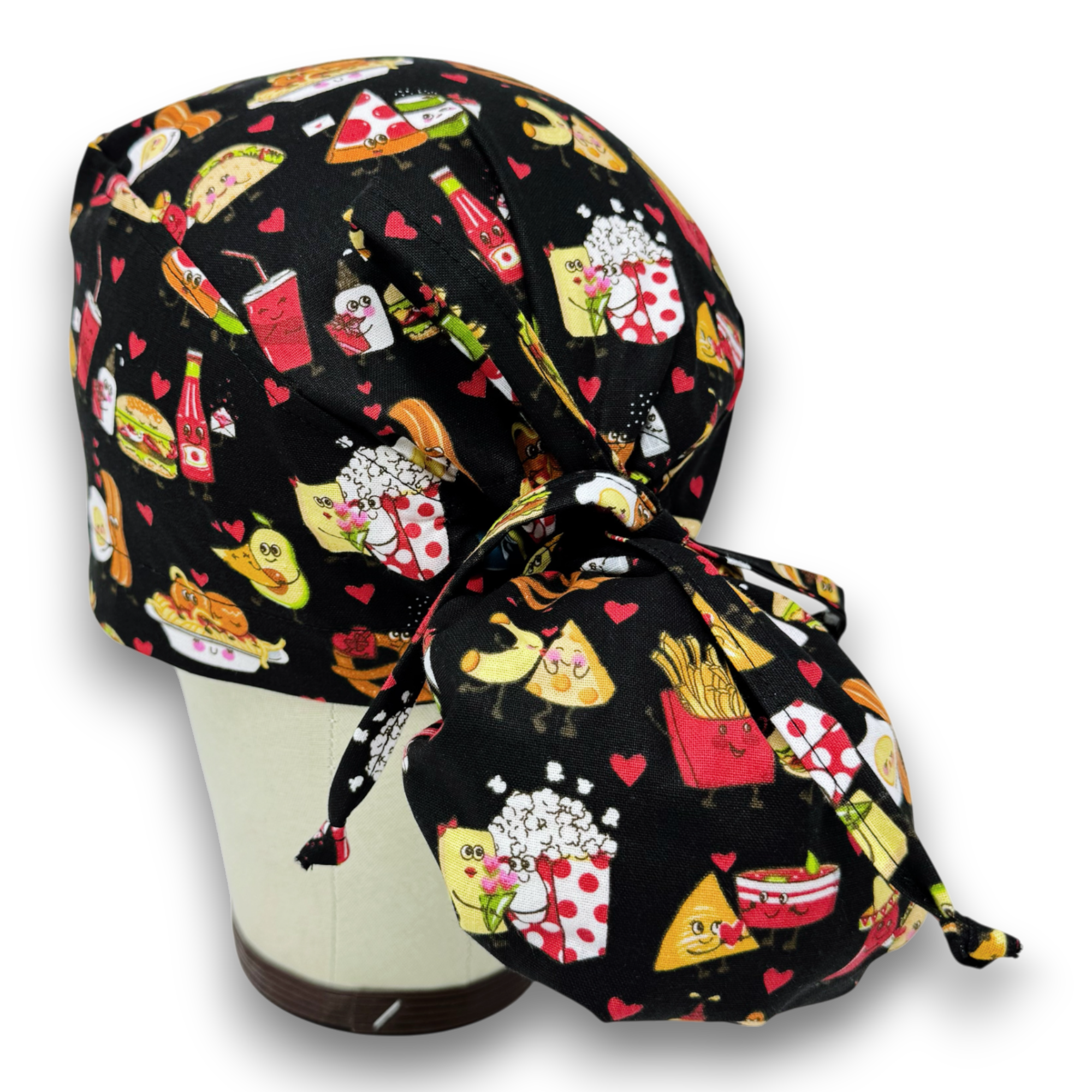 Food with Love Ponytail scrub cap for women with satin lined option by Paradise Caps.