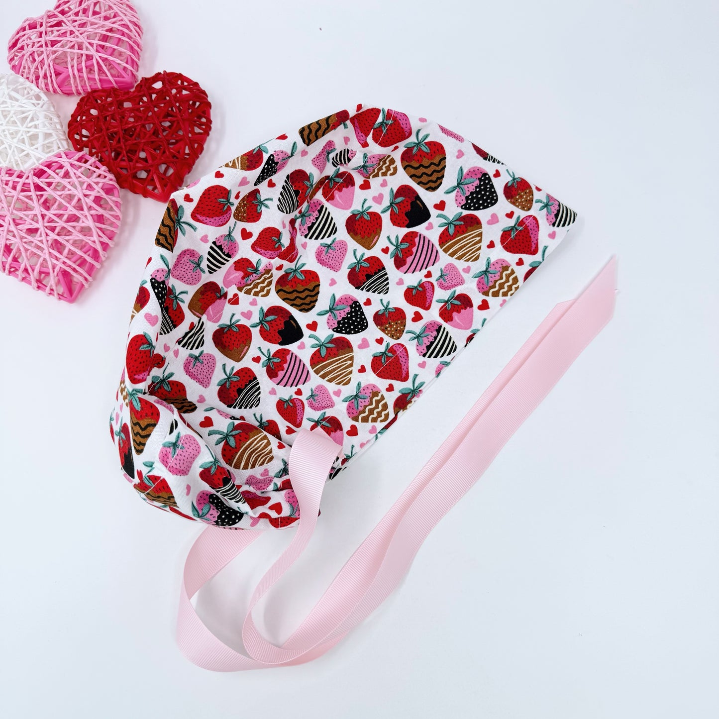 Valentine's day Euro scrub cap with ties for Women, Strawberry European Surgical cap with Satin Lined by Paradise Caps.