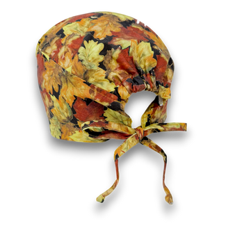 Fall leaves skull tie-back style surgical scrub cap for men by Paradise Caps.