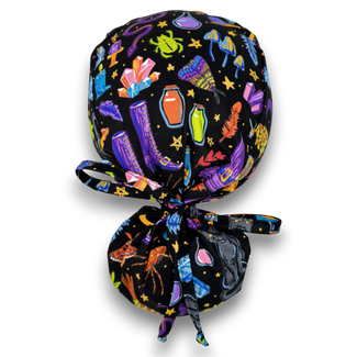 Halloween Witchy Icons Ponytail scrub cap for women with satin lined option by Paradise Caps.
