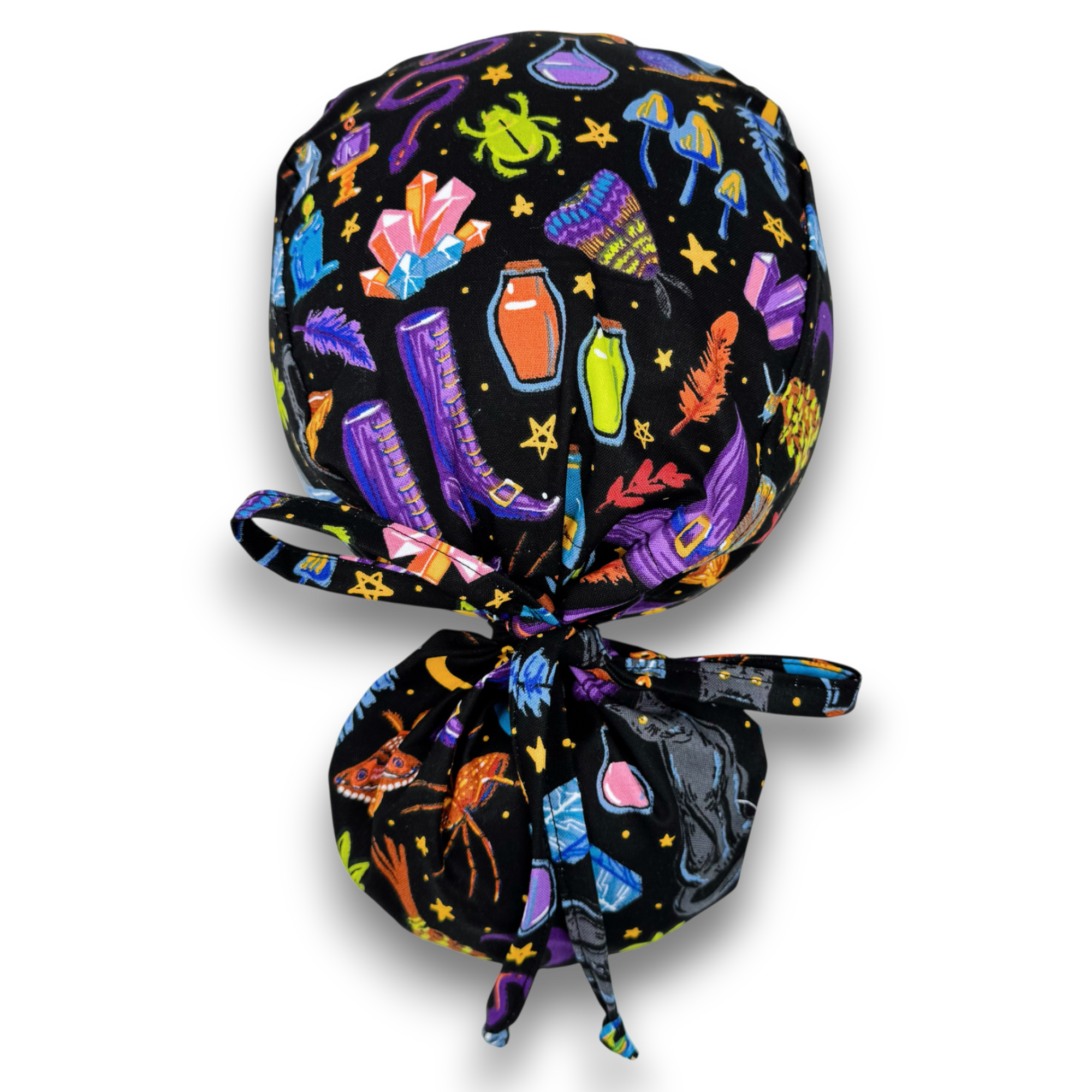 Halloween Witchy Icons Ponytail scrub cap for women with satin lined option by Paradise Caps.