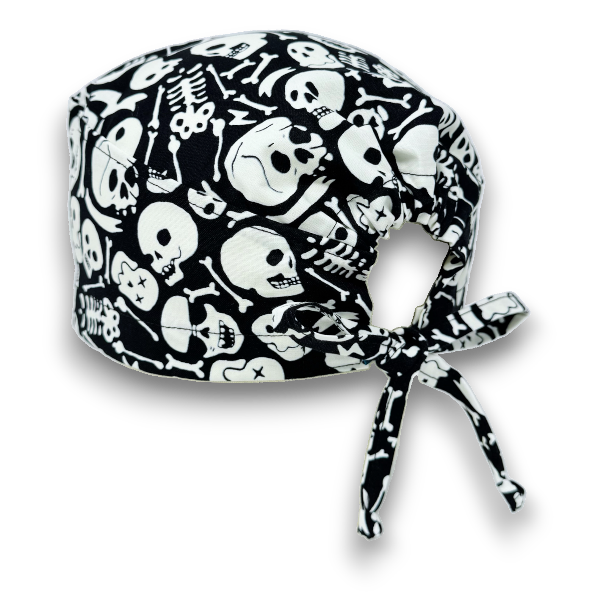 Glow Tossed Skull tie-back style surgical scrub cap for men by Paradise Caps. Glows in the Dark!