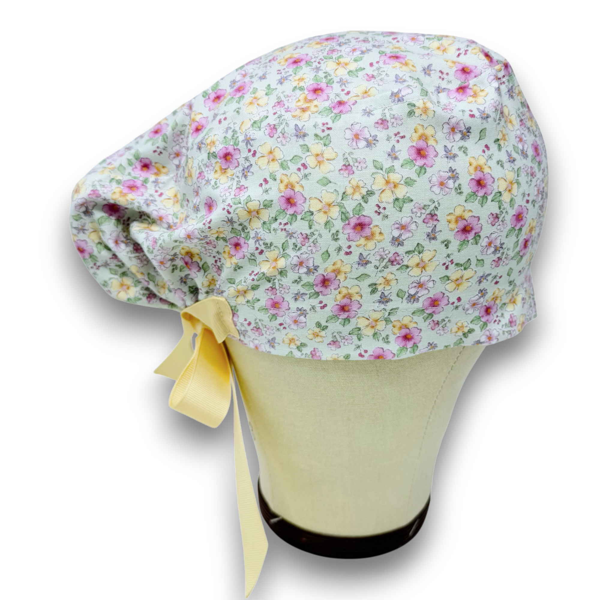 Floral Euro scrub cap with ties for Women by Paradise Caps. Euro PLUS style.