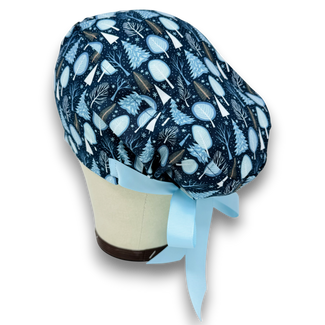Christmas Euro scrub cap with ties. Winter tree European Surgical cap with Satin Lined option by Paradise Caps. Euro PLUS style. Blue.