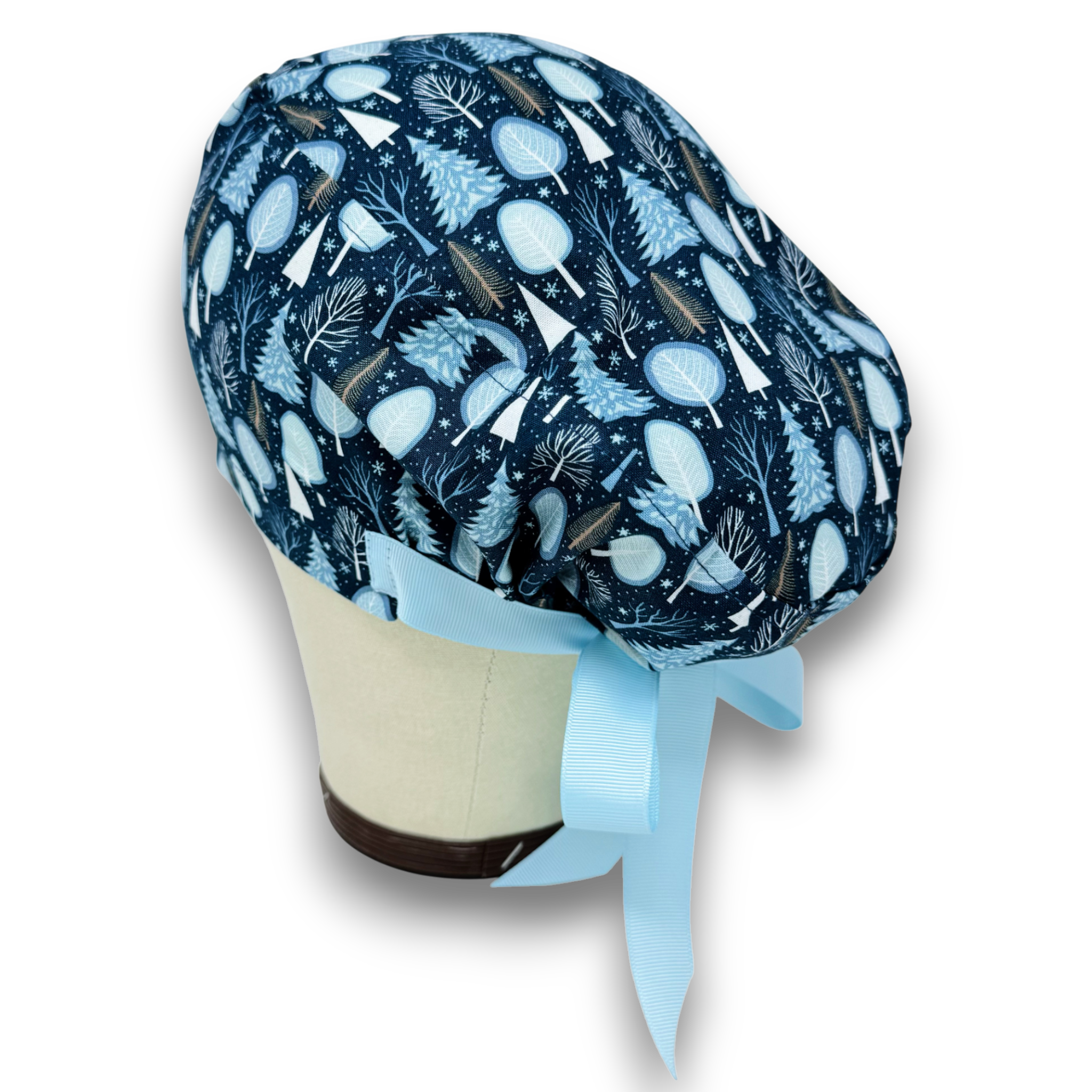 Christmas Euro scrub cap with ties. Winter tree European Surgical cap with Satin Lined option by Paradise Caps. Euro PLUS style. Blue.