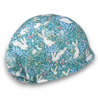 Euro scrub cap for women. Bunny Garden European satin lined surgical cap by Paradise Caps. Easter.