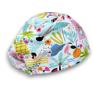 Summer Vibes Euro scrub cap for women, Tropical Print European surgical hat with satin lined by Paradise Caps.