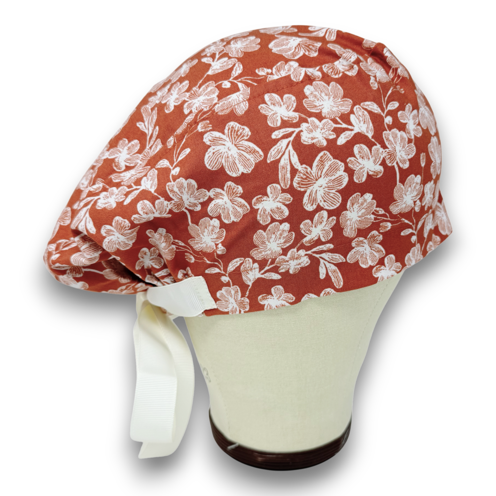Floral Euro scrub cap with ties for Women by Paradise Caps. Euro PLUS style.