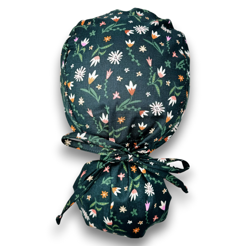 Floral ponytail scrub cap for women, satin-lined option — Paradise Caps