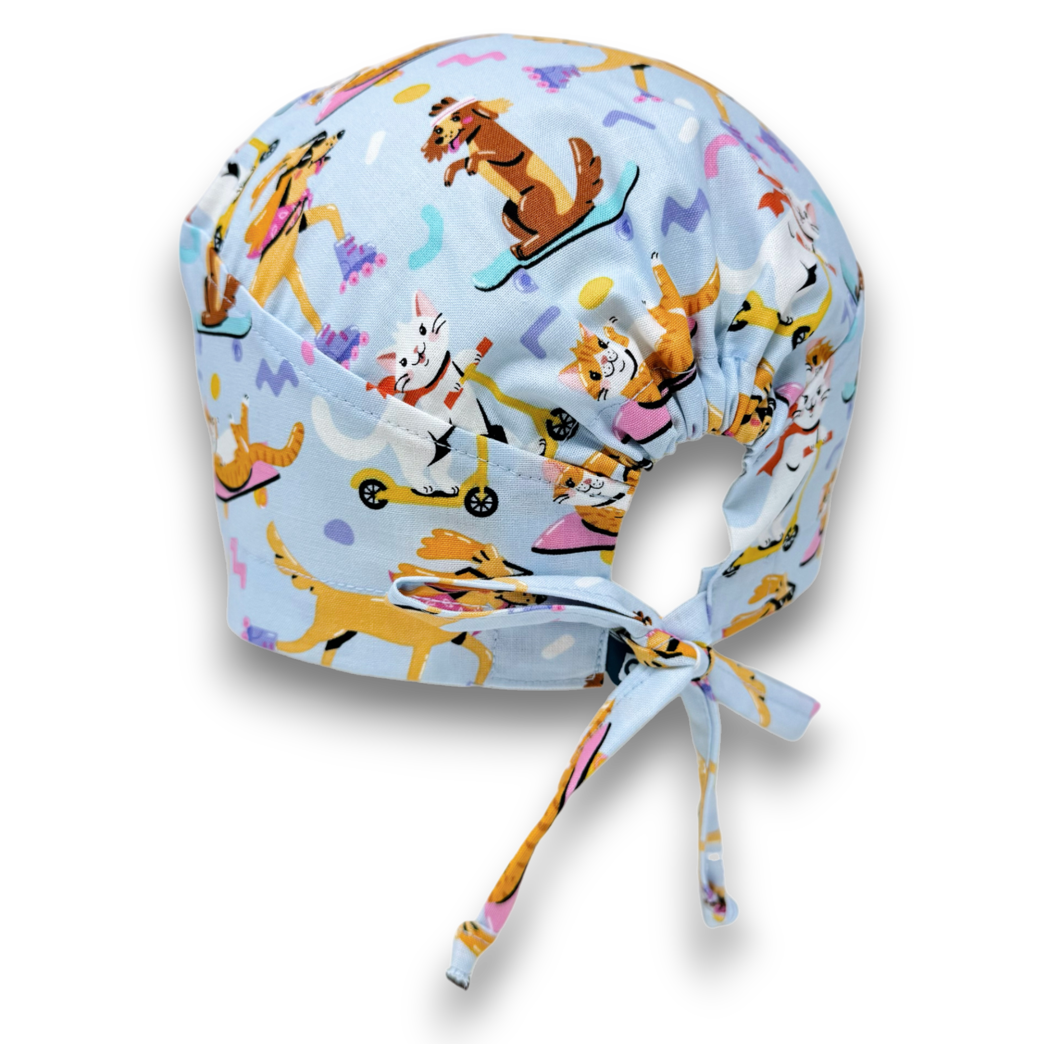 Dog Surgical cap for men. Cat tie back scrub hat with satin lined option by Paradise Caps.