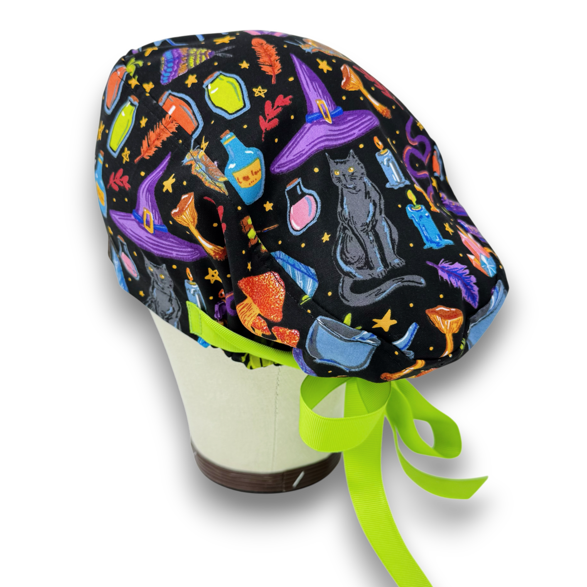 Halloween Witchy Icons Euro PLUS style with ties Scrub Cap for Women, European Surgical cap with Satin Lined Option.