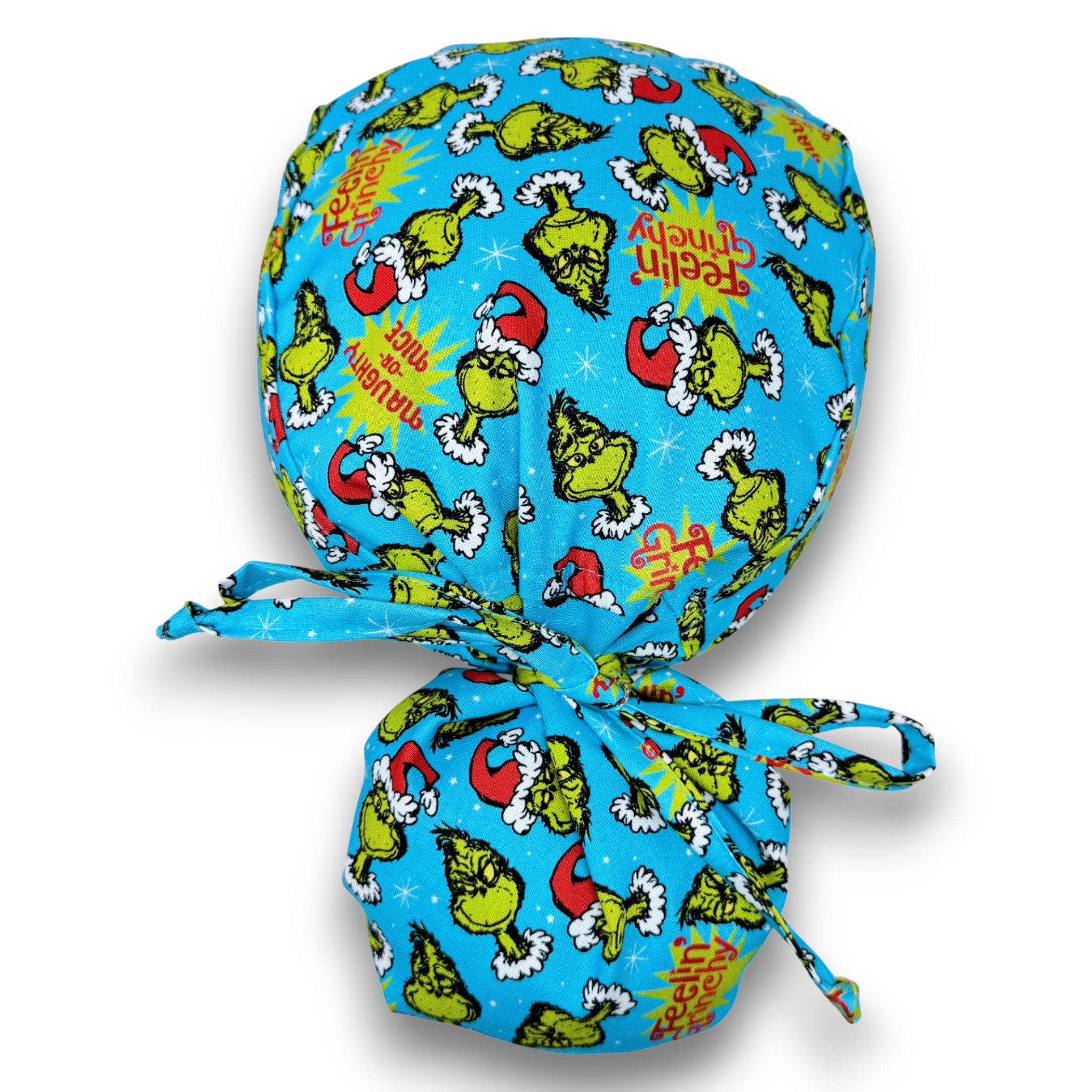 Christmas Ponytail scrub cap with Satin Lined. Surgical scrub hats for women by Paradise Caps.