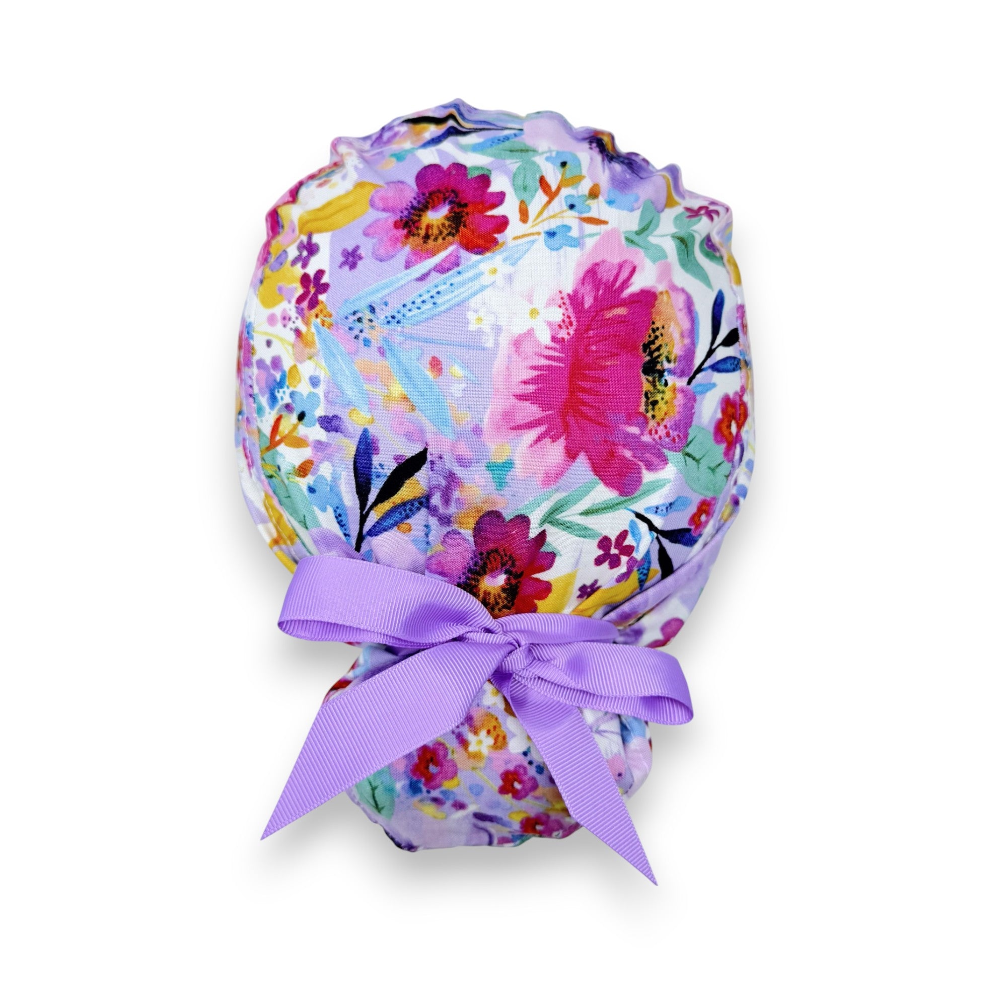 Purple flower Euro scrub cap with ties for Women by Paradise Caps. Euro PLUS style.
