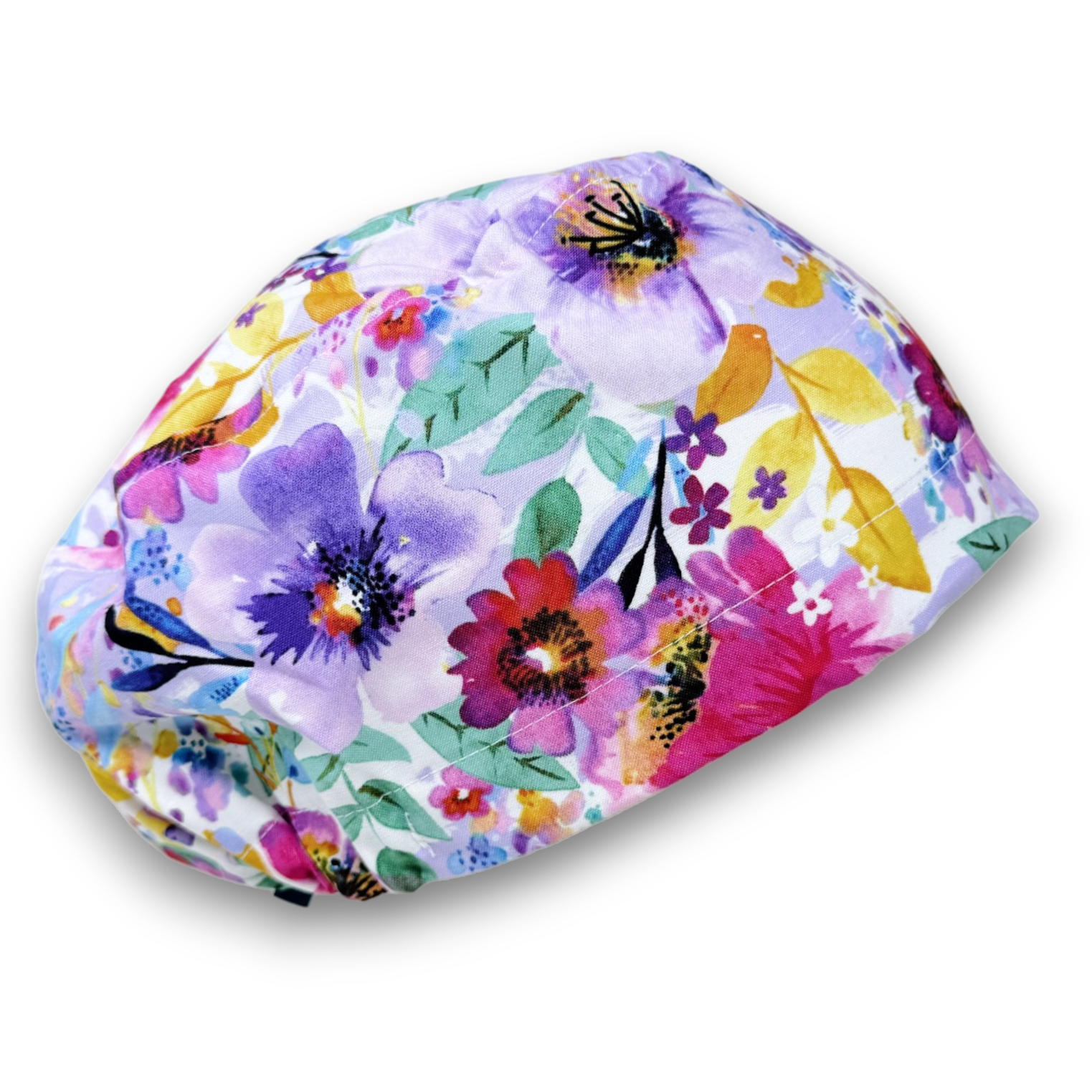 Purple flower Euro Scrub Cap for Women with Satin Lined Option by Paradise Caps.