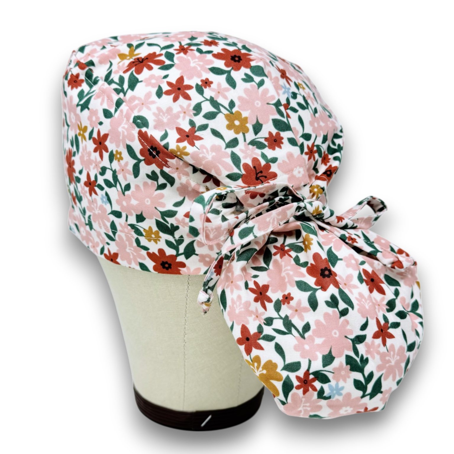 Floral Ponytail scrub cap for women with satin lined option by ParadiseCaps.