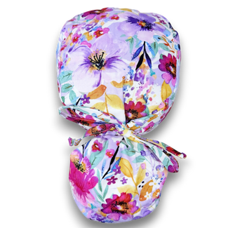 Purple flower Ponytail scrub cap for women with satin lined option by Paradise Caps.