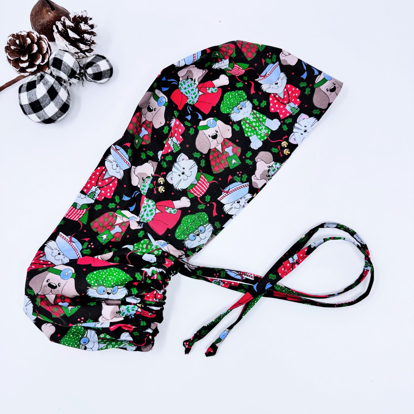 Funny scrub cap. Cats and dog Christmas ponytail scrub cap