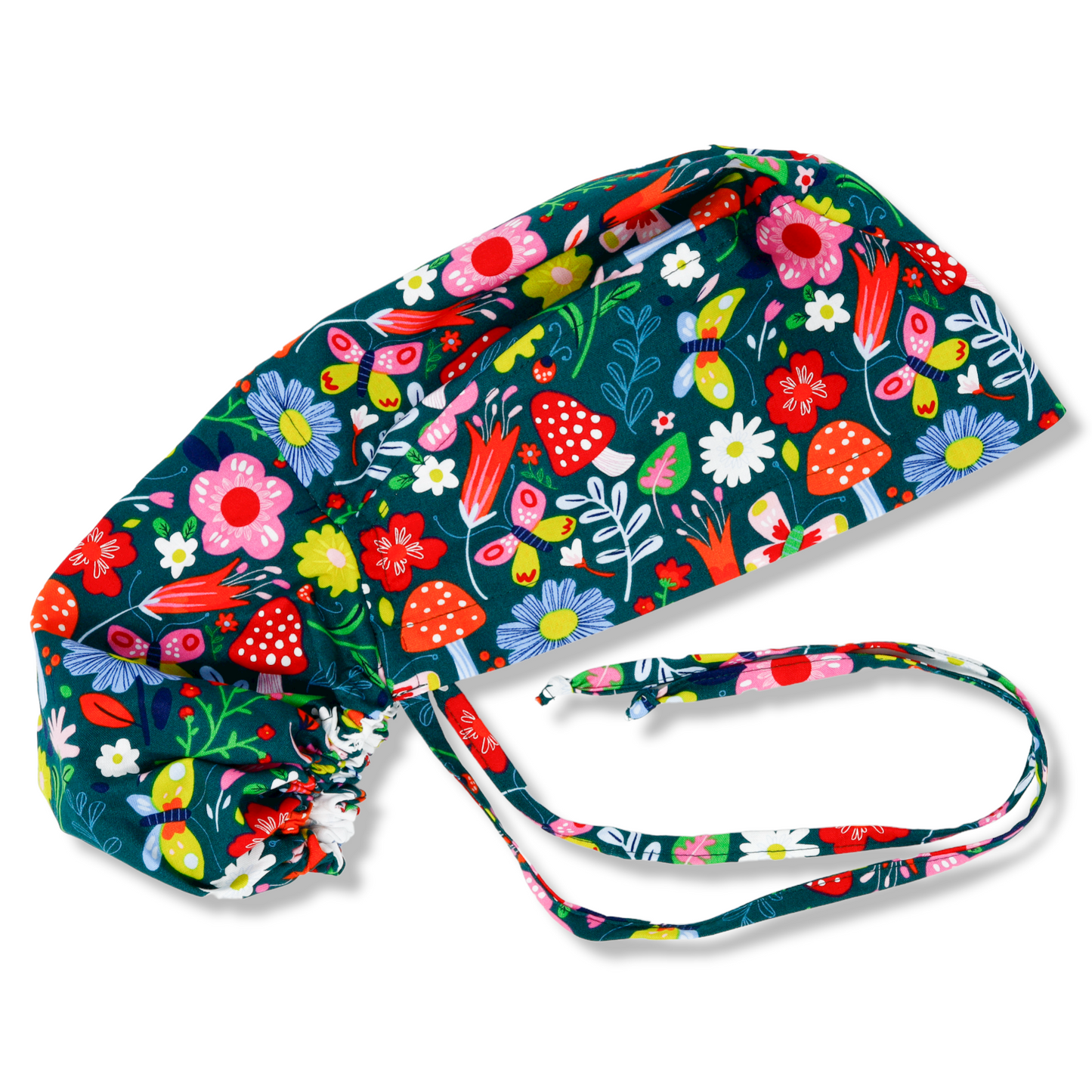 Mushroom Floral Ponytail scrub cap, Surgical cap women. Satin Lined Option Surgical cap with ponytail. (Copy)