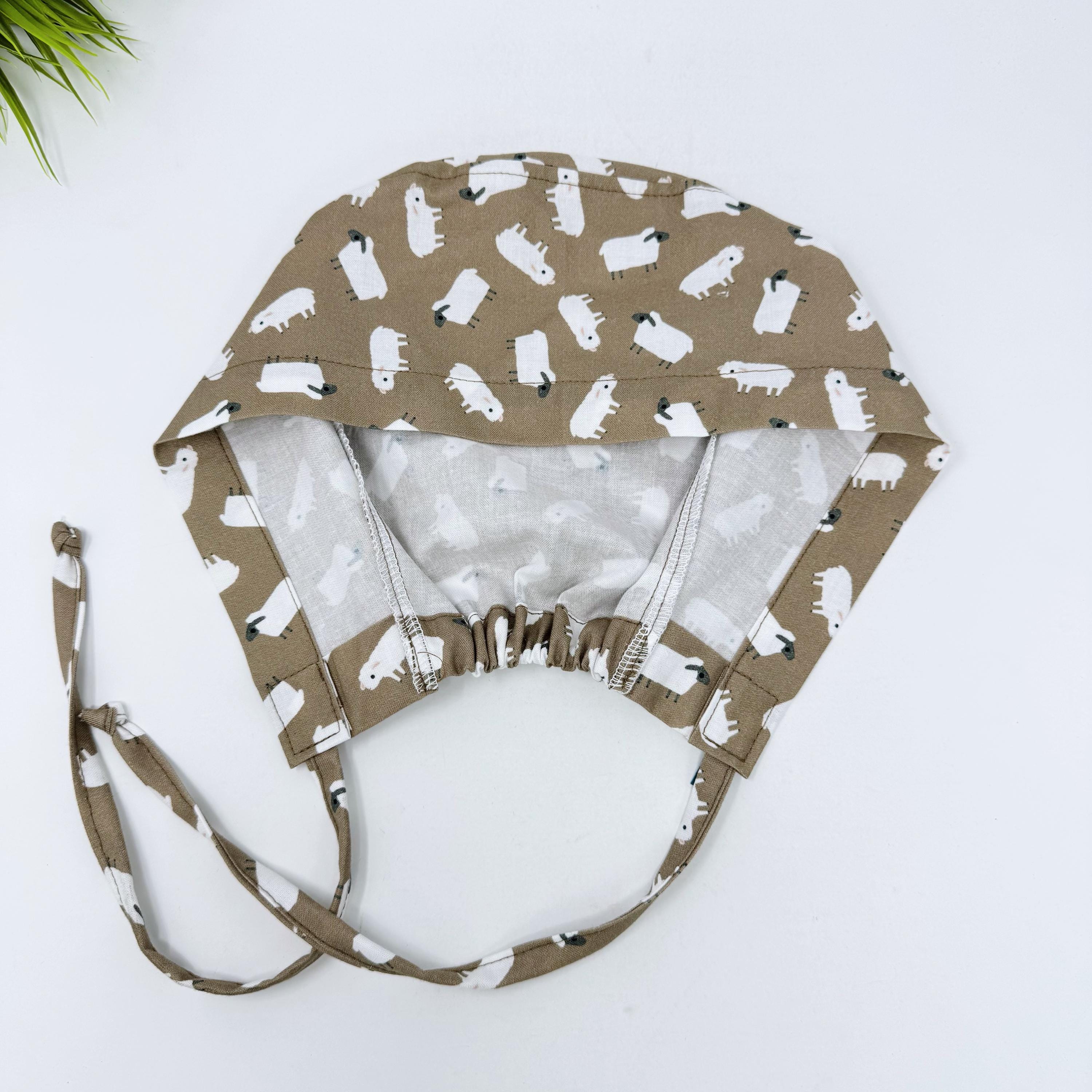 Sheep Men's surgical cap. Farm skull tie-back style scrub cap by Paradise Caps. Brown.